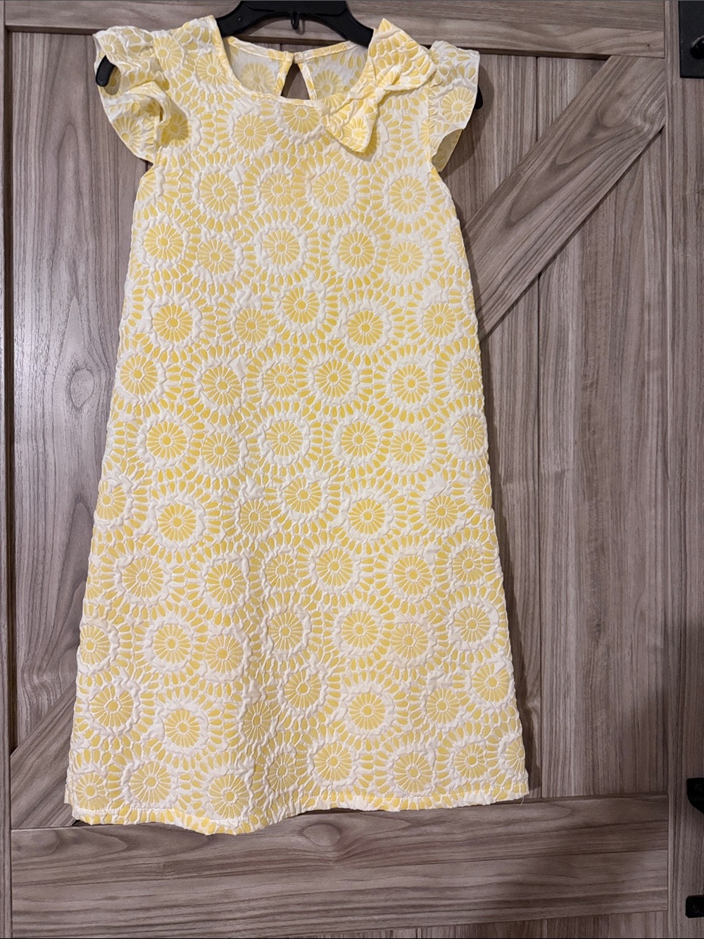 Girls' Yellow Eyelet Floral A-Line Dress with Bow Neck